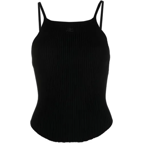 Schwarzes Rippstrick-Logo-Top , Damen, Größe: L - Courrèges - Modalova