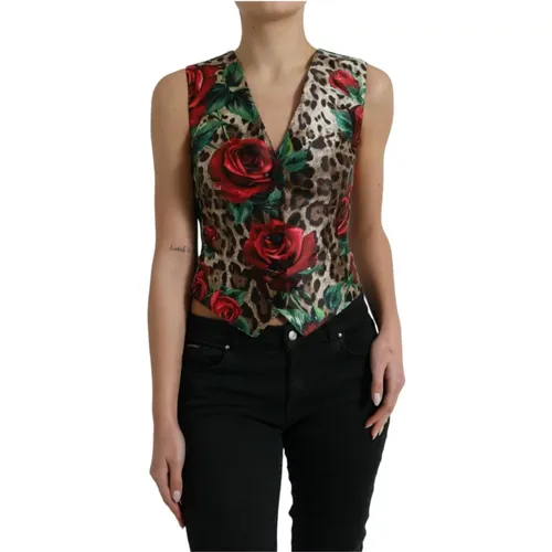 Floral and Leopard Print Silk Waistcoat Vest , female, Sizes: XS - Dolce & Gabbana - Modalova
