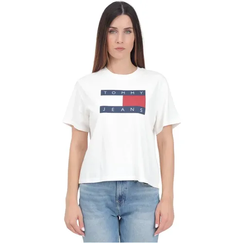 Weiße Streetwear T-Shirt mit Flaggenabzeichen , Damen, Größe: L - Tommy Jeans - Modalova