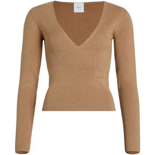 Beiger Woll V-Ausschnitt Pullover , Damen, Größe: L - Patou - Modalova