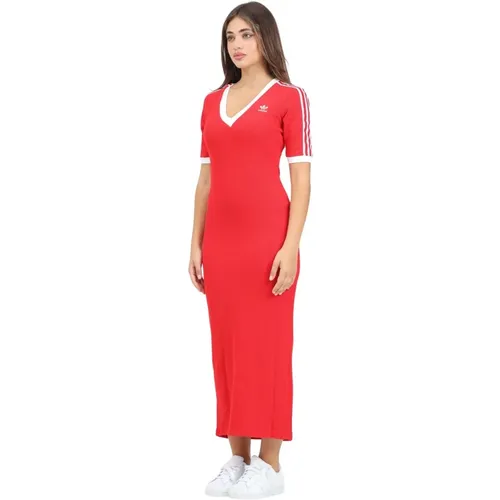 Sportliches Rotes Strick V-Ausschnitt Kleid , Damen, Größe: L - adidas Originals - Modalova