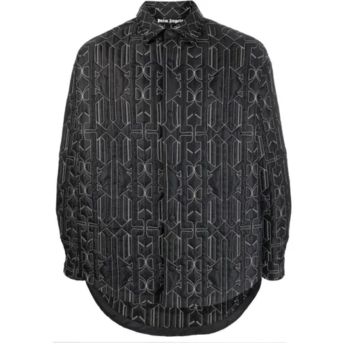Anthracite Quilted Nylon Coat with All Monogram Print , male, Sizes: M, L - Palm Angels - Modalova
