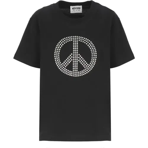 Schwarzes Baumwoll-T-Shirt mit Peace-Logo , Damen, Größe: M - Moschino - Modalova