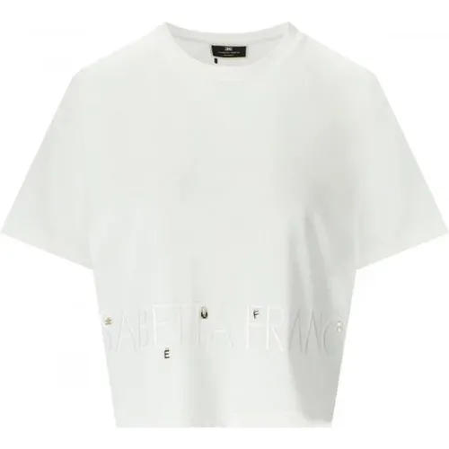 Leichtes Baumwoll-Jersey Cropped T-Shirt mit besticktem Logo und goldenen Metallcharms , Damen, Größe: M - Elisabetta Franchi - Modalova