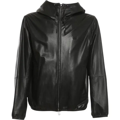 Leather Bomber Jacket with Hood and Eagle Logo Patch - 52 , male, Sizes: 2XL - Emporio Armani - Modalova