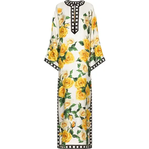 Blumiges Kimono Kleid mit Schwarzer Stickerei - Dolce & Gabbana - Modalova
