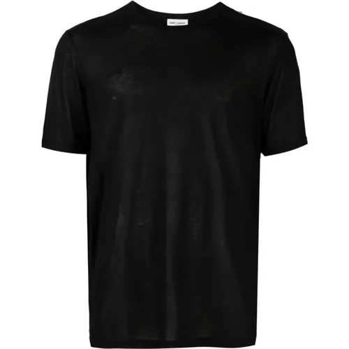 Logo Besticktes T-Shirt Schwarz Kurzarm , Herren, Größe: M - Saint Laurent - Modalova