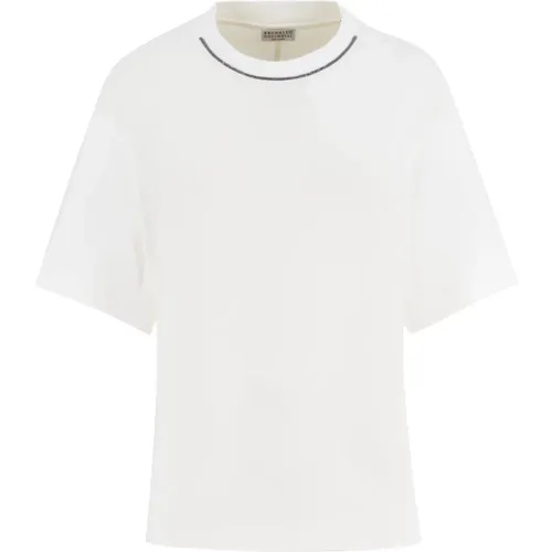 Cotton T-shirt with Embroidered Neckline , female, Sizes: M, L, XL - BRUNELLO CUCINELLI - Modalova