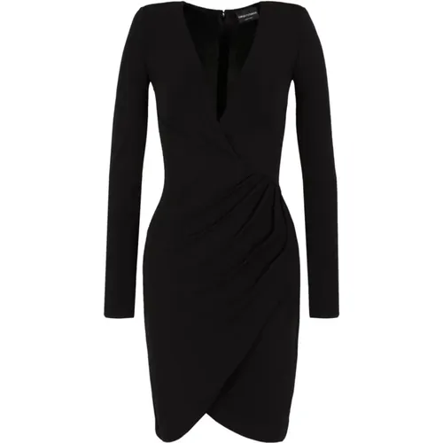 Schwarzes Gerafftes V-Ausschnitt Kleid , Damen, Größe: M - Emporio Armani - Modalova