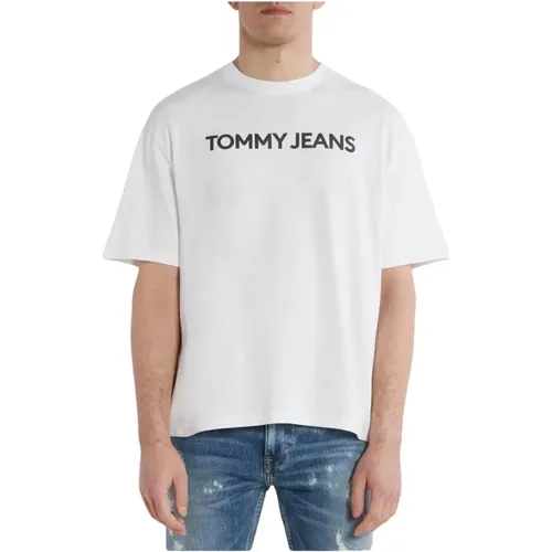 Oversize Weiße T-Shirt mit Bedrucktem Logo , Herren, Größe: 2XL - Tommy Jeans - Modalova