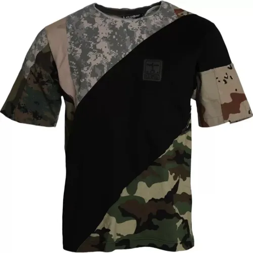 Camouflage Cotton Round Neck Men's T-shirt , male, Sizes: S - Dolce & Gabbana - Modalova