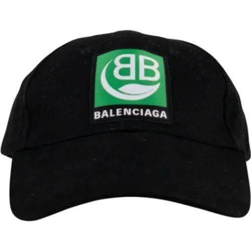 Schwarze Baumwollkappe mit grünem Logo-Patch - Balenciaga - Modalova