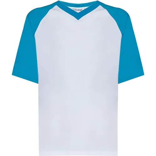 Weißes geripptes V-Ausschnitt T-Shirt mit blauen Ärmeln , Damen, Größe: M - Victoria Beckham - Modalova