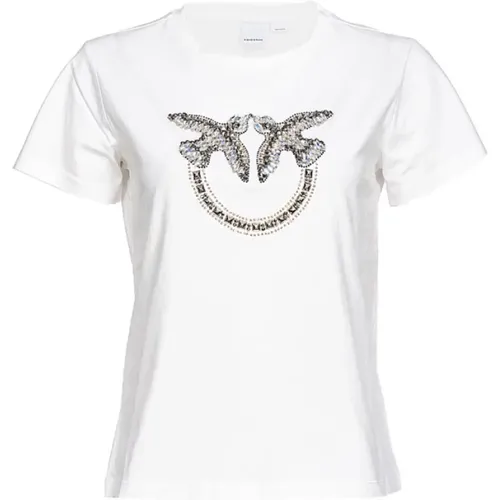 Weiße Baumwoll-T-Shirt mit Strass-Logo , Damen, Größe: L - pinko - Modalova