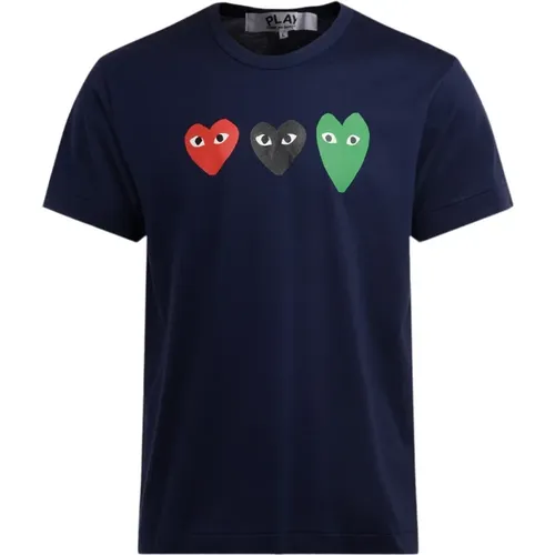 Cotton T-Shirt with Multicolor Hearts , male, Sizes: M - Comme des Garçons Play - Modalova