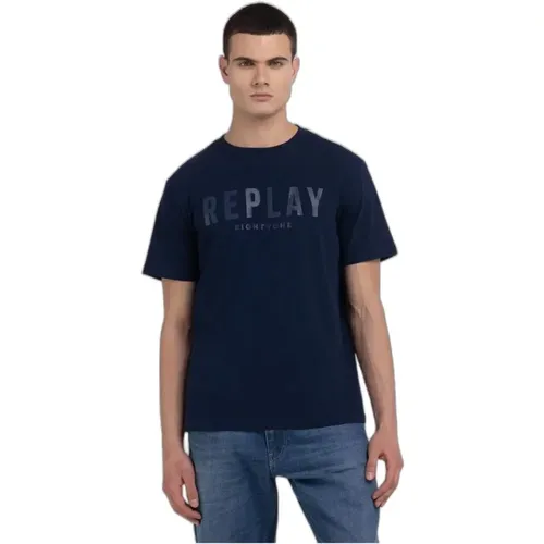 Blau Rundhals T-Shirt Männer , Herren, Größe: XL - Replay - Modalova