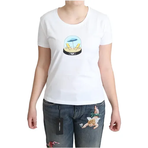 Weißes Bedrucktes Baumwoll-Kurzarm-Oberteil T-Shirt , Damen, Größe: S - Moschino - Modalova