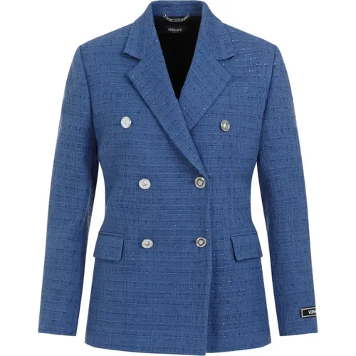 Blaue Tweed Blazer Jacke Damen - Versace - Modalova