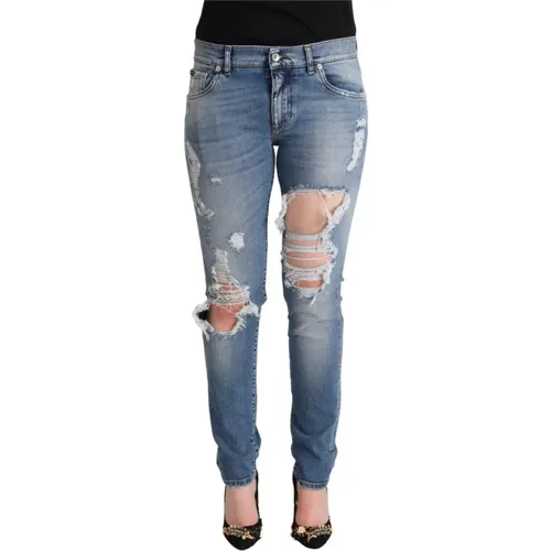 Blaue zerrissene Baumwoll-Denim-Skinny-Jeans , Damen, Größe: XS - Dolce & Gabbana - Modalova