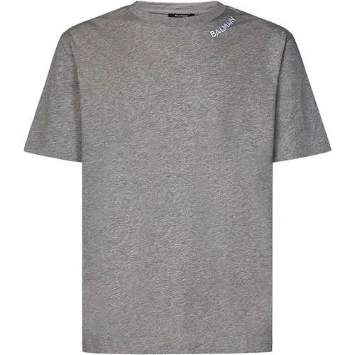Graues T-Shirt aus Bio-Baumwolle mit Besticktem Logo , Herren, Größe: XL - Balmain - Modalova