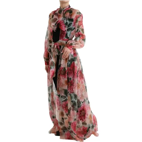 Silk Chiffon Camelia Print Maxi Coat - Dolce & Gabbana - Modalova