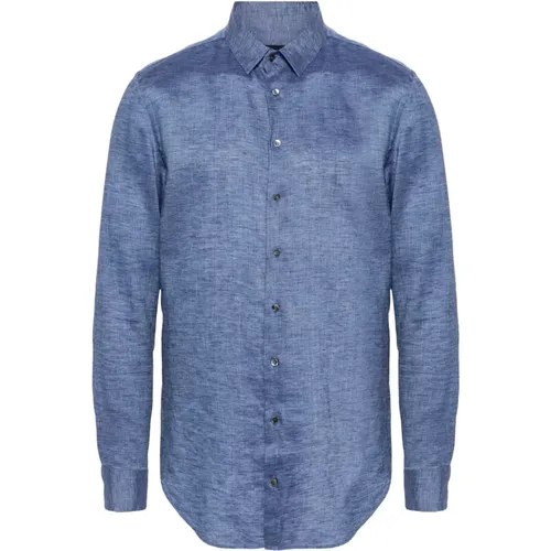 Elegantes Blaues Langarm Flaxhemd , Herren, Größe: XL - Giorgio Armani - Modalova