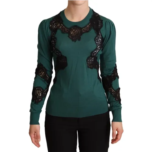 Grüner Eleganter Pullover mit Schwarzem Spitzendetail - Dolce & Gabbana - Modalova