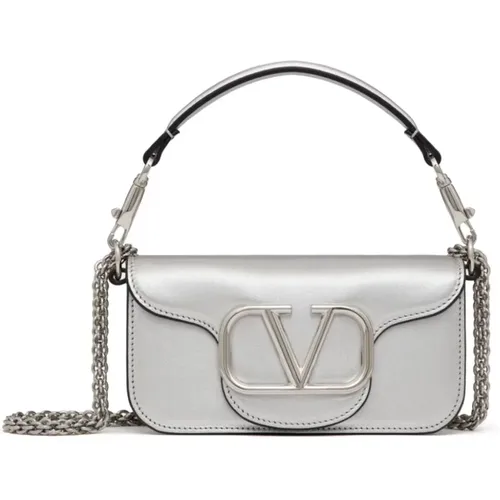Silver Laminate Leather Handbag with VLogo Detail , female, Sizes: ONE SIZE - Valentino Garavani - Modalova