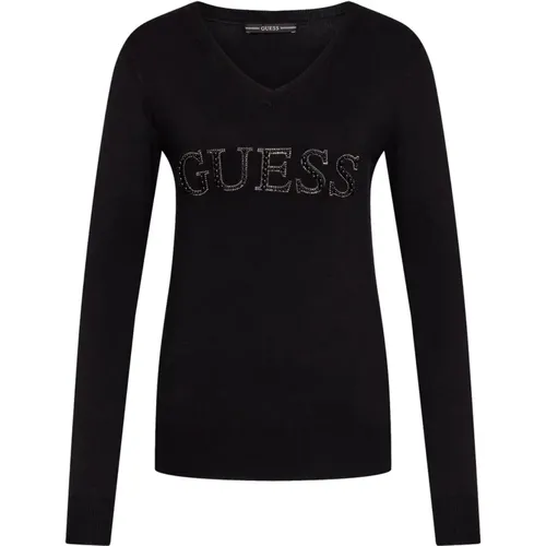 Schwarzer Pullover mit V-Ausschnitt und Langen Ärmeln , Damen, Größe: XS - Guess - Modalova