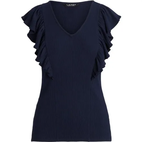 Blaues Rüschen V-Ausschnitt Baumwoll T-Shirt , Damen, Größe: XL - Ralph Lauren - Modalova