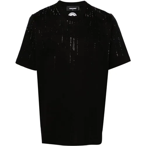 Schwarzes Logo-Print Kristallverziertes T-Shirt , Herren, Größe: S - Dsquared2 - Modalova