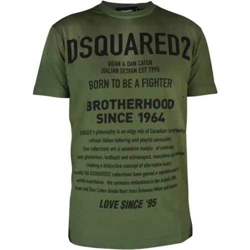 Khaki Kurzarm T-Shirt mit Bedruckten Inschriften - Dsquared2 - Modalova