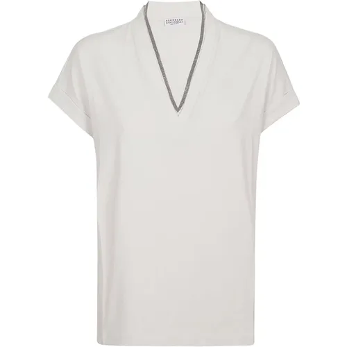V-Ausschnitt Pullover in Warmem Weiß , Damen, Größe: M - BRUNELLO CUCINELLI - Modalova
