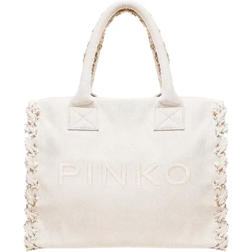 Beach Shopper Bag with Fringed Profiles , female, Sizes: ONE SIZE - pinko - Modalova