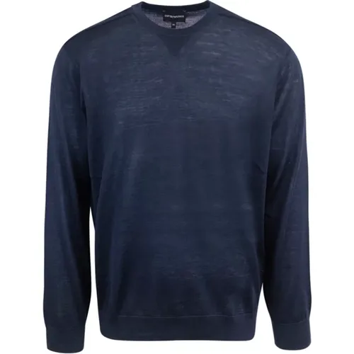 Blaue Sweaters mit Gerippten Bündchen und Kragen , Herren, Größe: M - Emporio Armani - Modalova