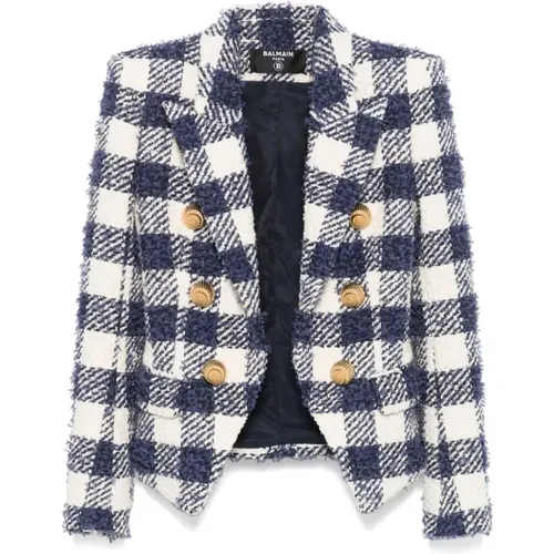 Blaue Tweed Gingham Check Jacke - Balmain - Modalova