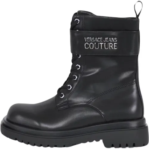 Cruelty-Free Leather Boots with Logo Plaque , female, Sizes: 5 UK, 7 UK, 3 UK, 4 UK, 6 UK - Versace Jeans Couture - Modalova