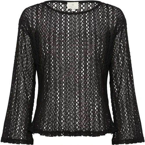 Schwarze Tiefe Strickbluse Stilvolles Design , Damen, Größe: S - Kaffe - Modalova