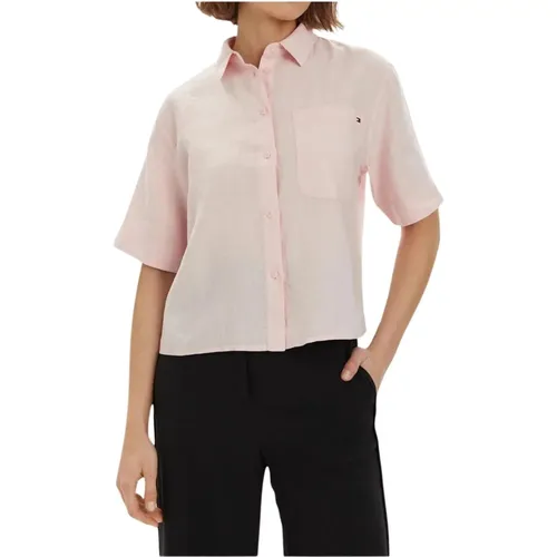 Leinen Cropped Shirt mit Besticktem Logo , Damen, Größe: M - Tommy Hilfiger - Modalova