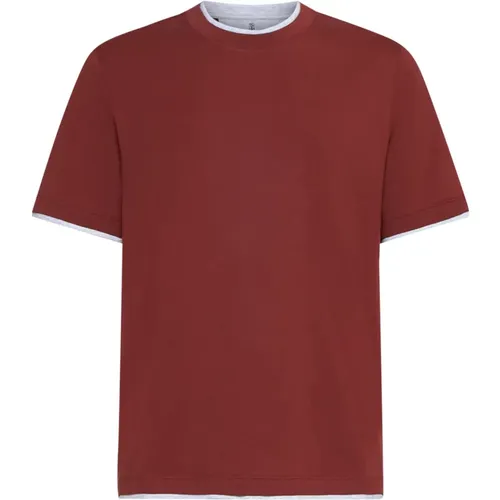 Korallrote Crew Neck T-shirt , Herren, Größe: L - BRUNELLO CUCINELLI - Modalova