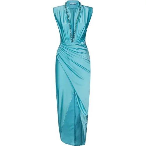 Turquoise V-Neck Dress with Metal Chain Detail , female, Sizes: M, S, XS - Amen - Modalova