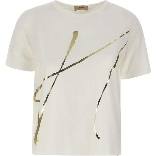Cotton T-shirt with Gold Print , female, Sizes: XS - Herno - Modalova
