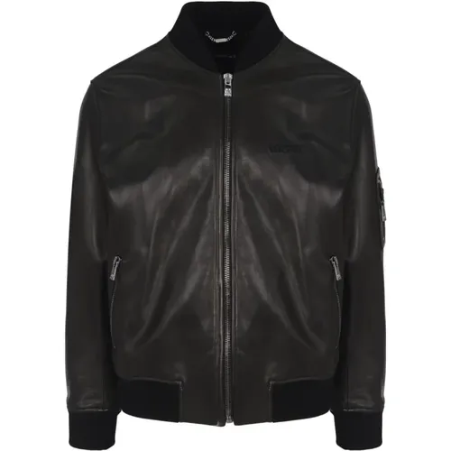 Embroidered Logo Leather Jacket , male, Sizes: L, M - Versace - Modalova