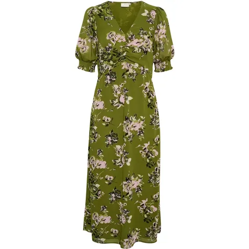 Green Stencil Flower Print Dress , female, Sizes: M, 2XS, S - Kaffe - Modalova