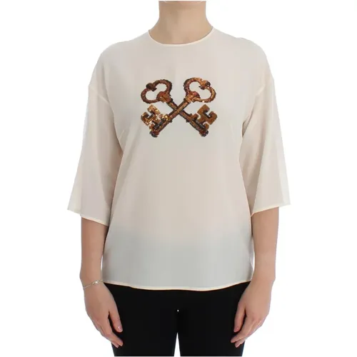 Weiße Pailletten Schlüssel Seidenbluse , Damen, Größe: 3XS - Dolce & Gabbana - Modalova