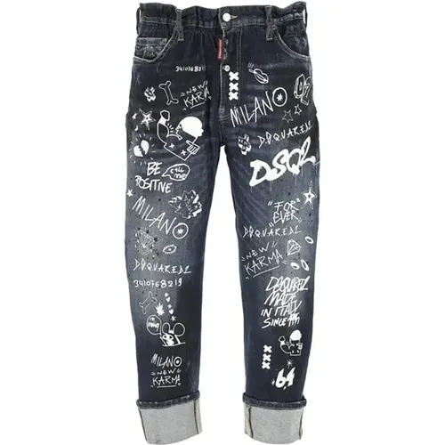 Dunkelblaue Jeans mit Graffiti-Print - Dsquared2 - Modalova