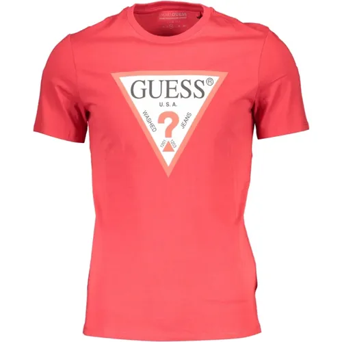 Rotes Baumwoll-T-Shirt, Slim Fit, Rundhals, Druck, Logo - Guess - Modalova