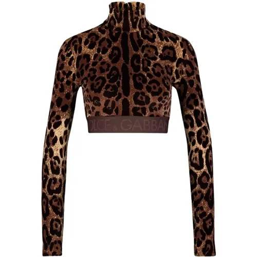 Leopard-Print Chenille Turtle-Neck Top , female, Sizes: 2XS, S - Dolce & Gabbana - Modalova