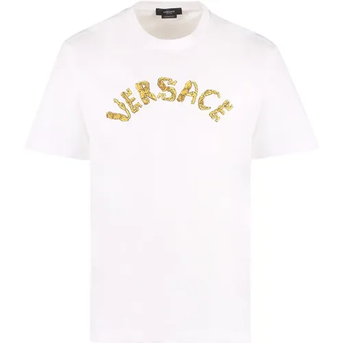 Barockes Logo besticktes Baumwoll-T-Shirt , Herren, Größe: M - Versace - Modalova