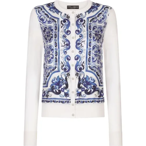 Blue Silk Majolica Cardigan Sweater , female, Sizes: M, XS - Dolce & Gabbana - Modalova